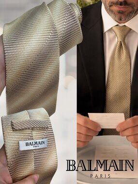 Balmain Paris Champagne Beige Geometric Silk Tie